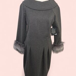 Boston Proper Gray Dress with Faux Fur Cuffs